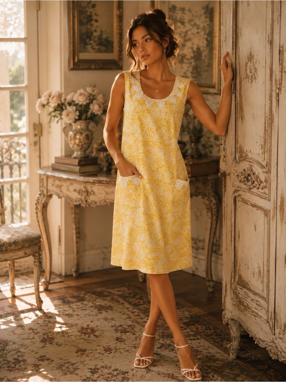 Vintage 1960’s Lilly Pulitzer The Lilly Sleeveless Yellow Lace Floral Dress L XL